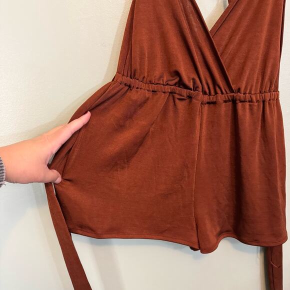 ASOS River Island Romper Shorts Womens 8 Brown Playsuit Wrap Sleeveless Belted - Picture 7 of 11